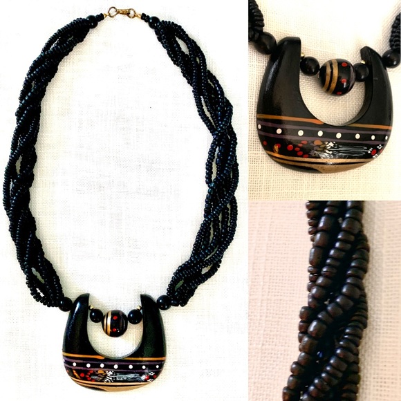 Vintage Art Necklace Multi Strand Beaded Large painted pendant Black Red Gold - Picture 12 of 12